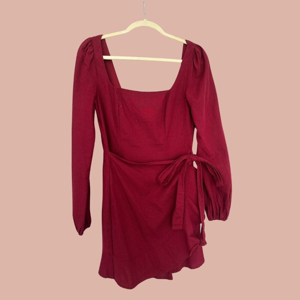 Burgundy mini dress with ruffle sleeves and tie waist